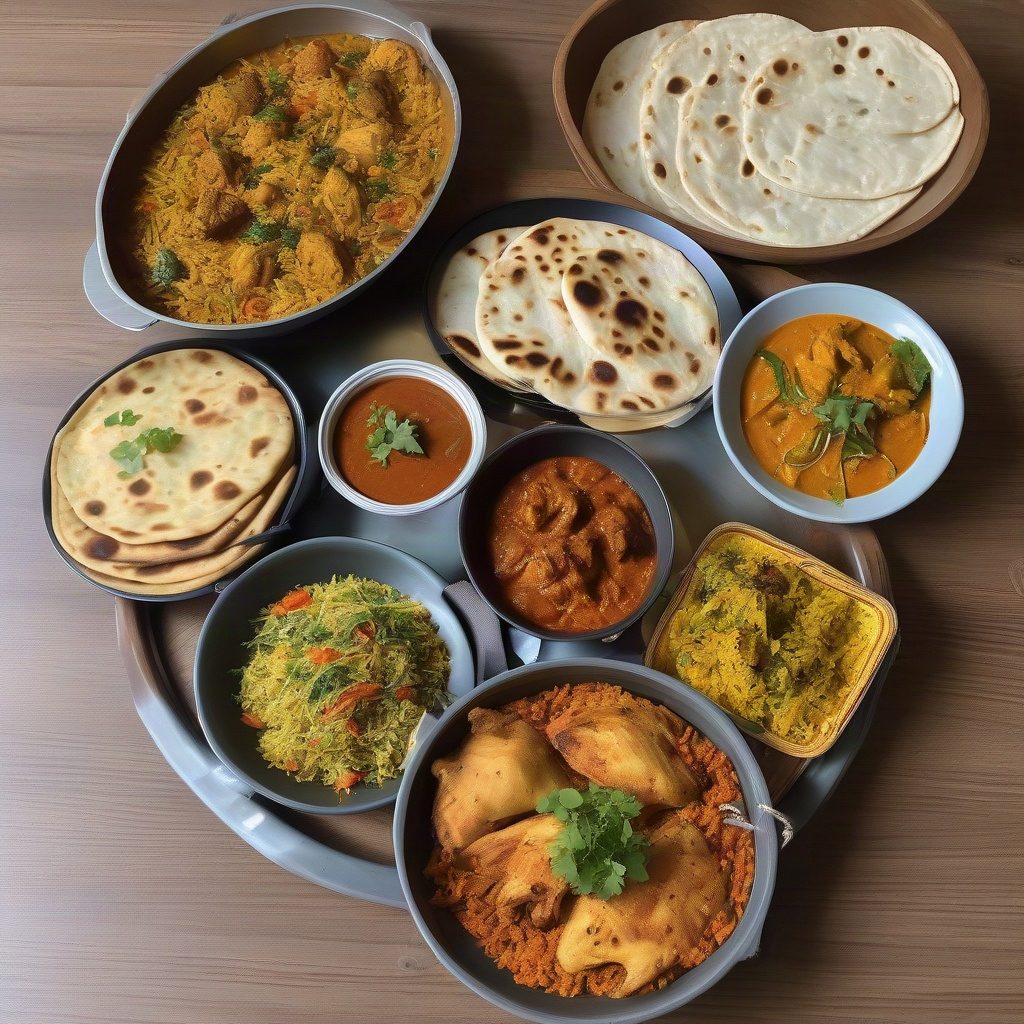 Family platter of biryani, curries and fresh breads at Student Tasty Biryani